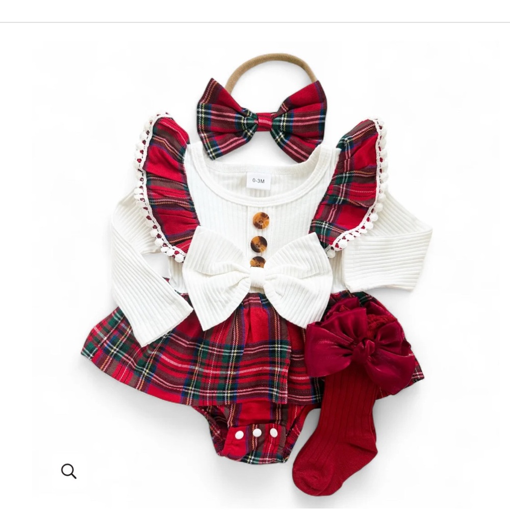 Holiday Tartan Plaid Baby Ruffle Romper with Headband Bow.